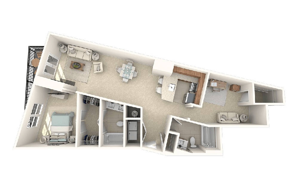 Evanston - 1 bedroom floorplan layout with 2 baths and 1083 to 1084 square feet.