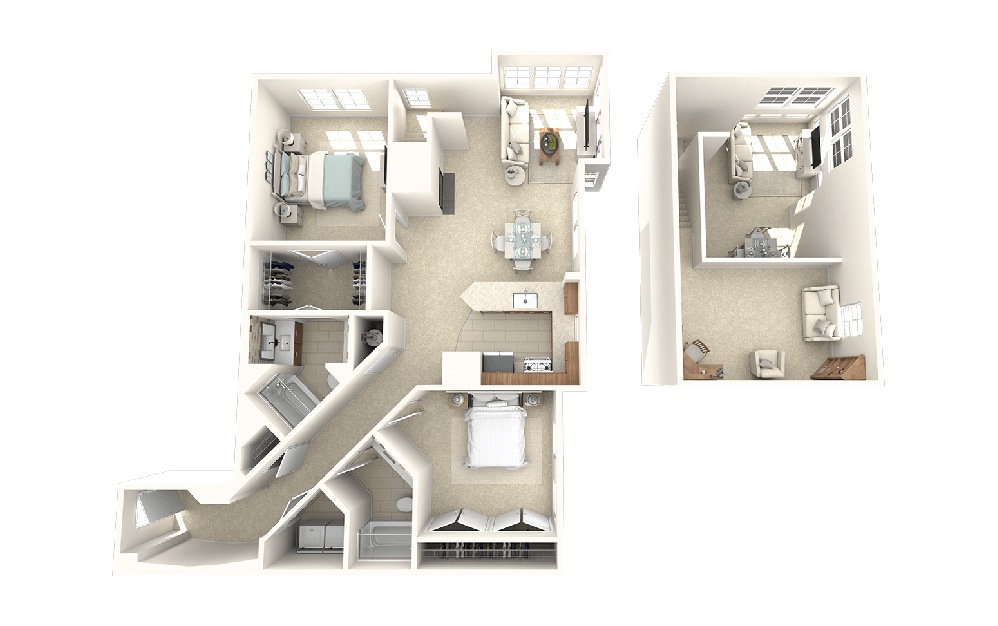 Rutgers-2FL - 2 bedroom floorplan layout with 2 baths and 1395 square feet.