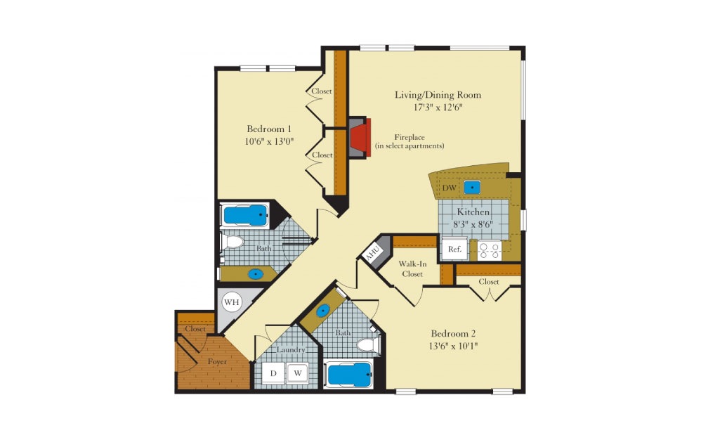 Clifton-2D4 - 2 bedroom floorplan layout with 2 baths and 1058 square feet. Clifton-2D4 - 2 bedroom floorplan layout with 2 baths and 1058 square feet.