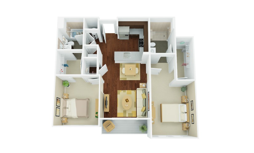 2B - 2 bedroom floorplan layout with 2 bathrooms and 1097 square feet