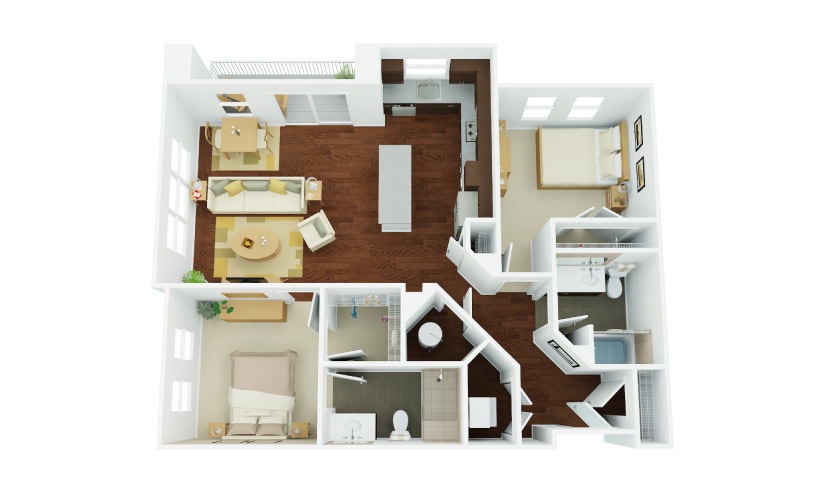 2C - 2 bedroom floorplan layout with 2 bathrooms and 1164 square feet