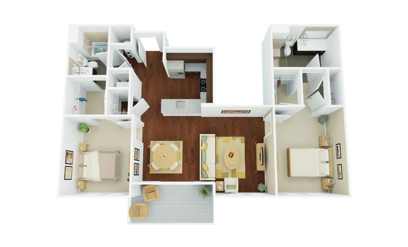 2D - 2 bedroom floorplan layout with 2 bathrooms and 1246 square feet