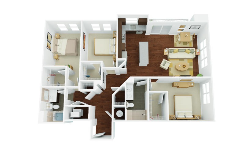 3A - 3 bedroom floorplan layout with 2 bathrooms and 1429 square feet