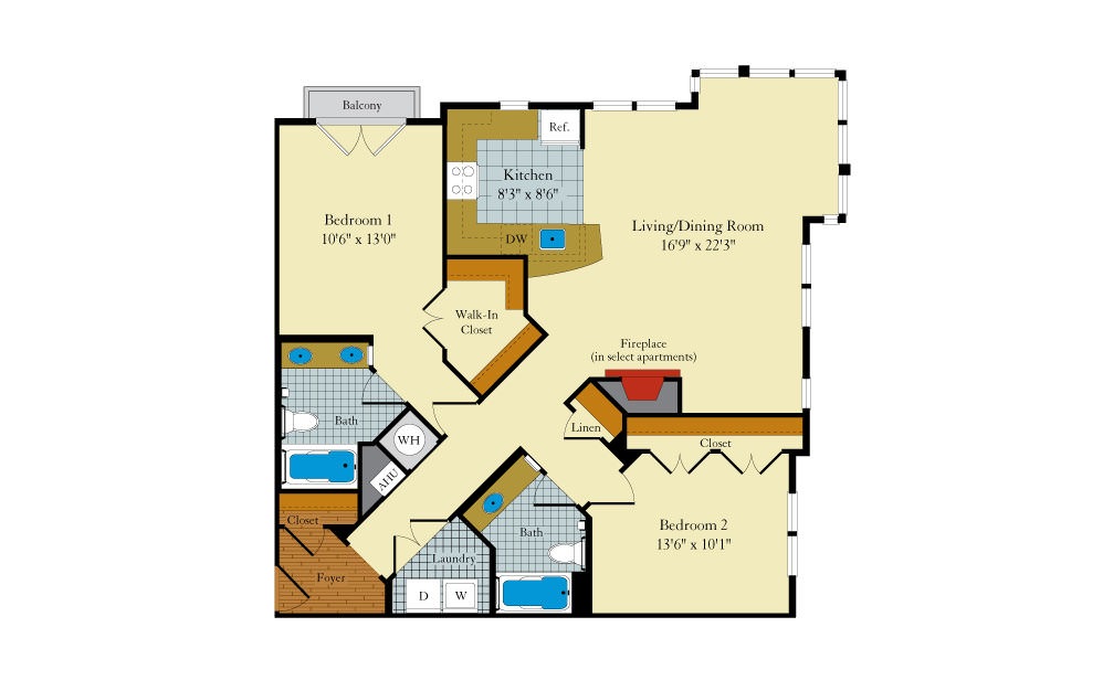 Hamilton-2E3 - 2 bedroom floorplan layout with 2 baths and 1183 square feet. Hamilton-2E3 - 2 bedroom floorplan layout with 2 baths and 1183 square feet.